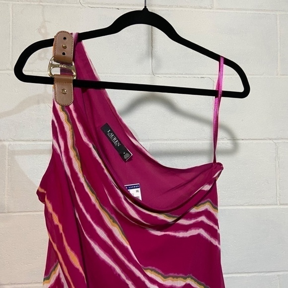 Lauren Ralph Lauren Women's Georgette Dress 12 Pink Striped One-Shoulder Wedding - Picture 2 of 10